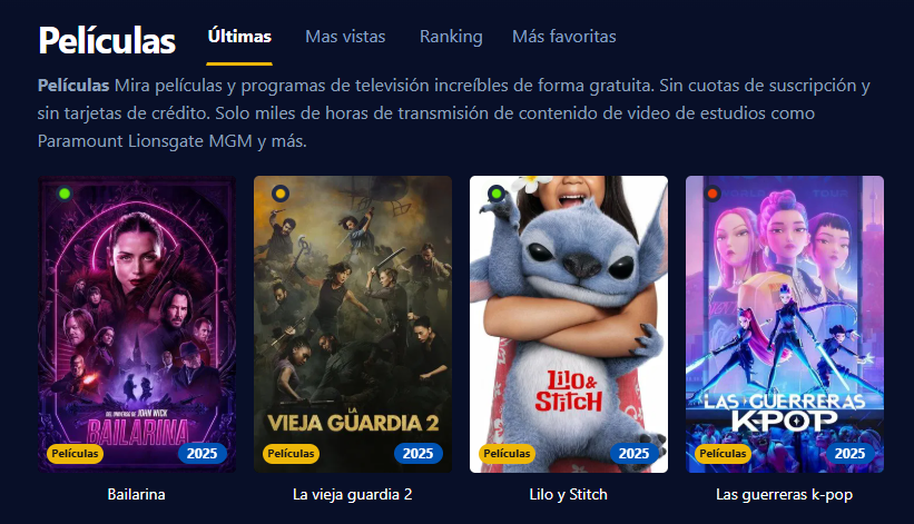 Imagen de la interfaz de usuario de Cinehdplus que muestra películas y series en alta definición